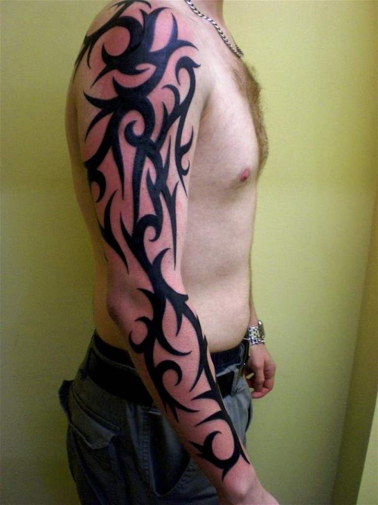 Beautiful Black Tribal Tattoo On Full Sleeve For Men