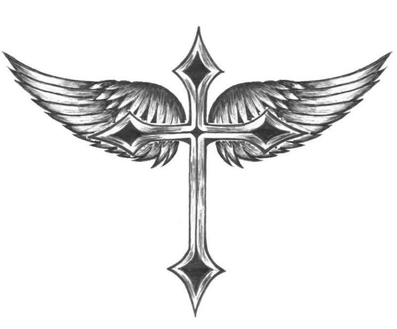 Black And Grey Cross With Wings Tattoo Design