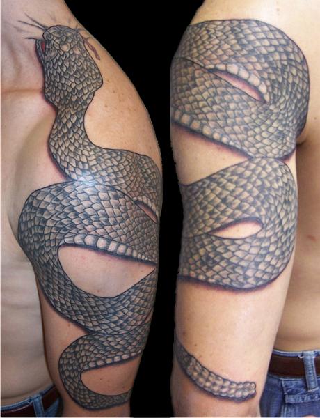 Black And Grey Rattlesnake Tattoo On Man Left Half Sleeve By Joe
