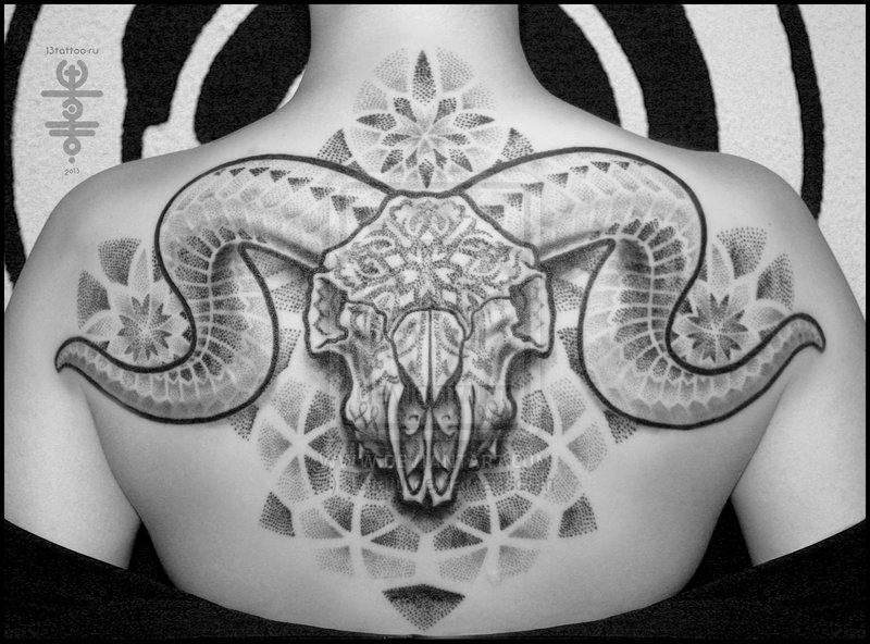 Black And Grey Sheep Skull Tattoo On Upper Back By Paula Stirland