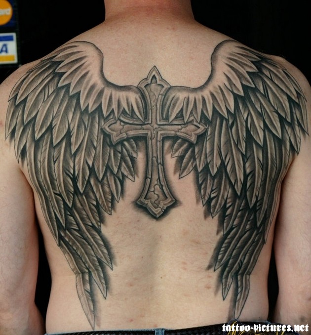 Black And Grey Wings With Cross Tattoo On Man Back By Juliamarshall369