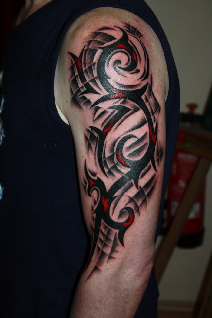 Black And Red Ink Tribal Sleeve Tattoo For Men