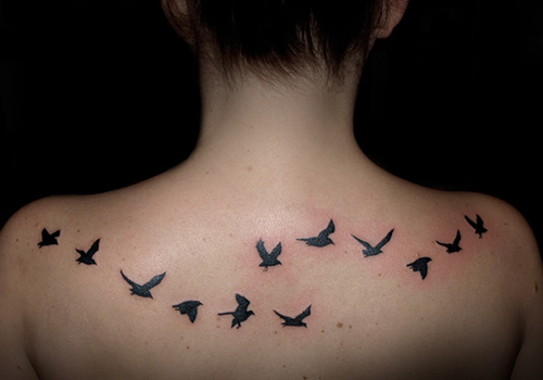 Black Flying Seagulls Tattoo On Girl Upper Back