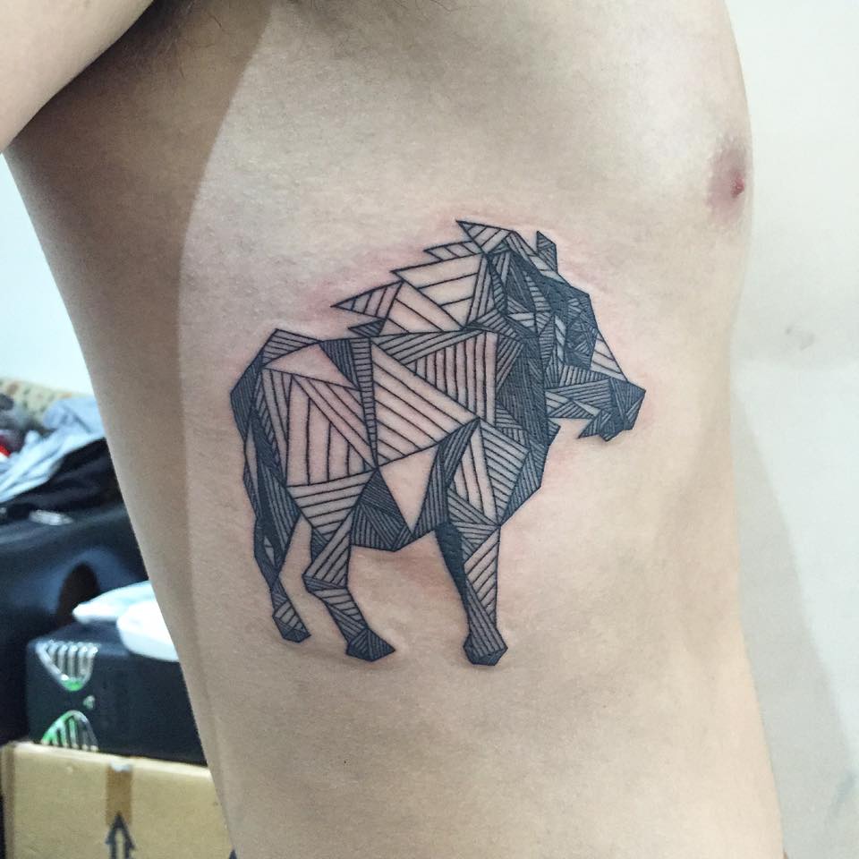 Black Geometric Boar Tattoo On Man Side Rib