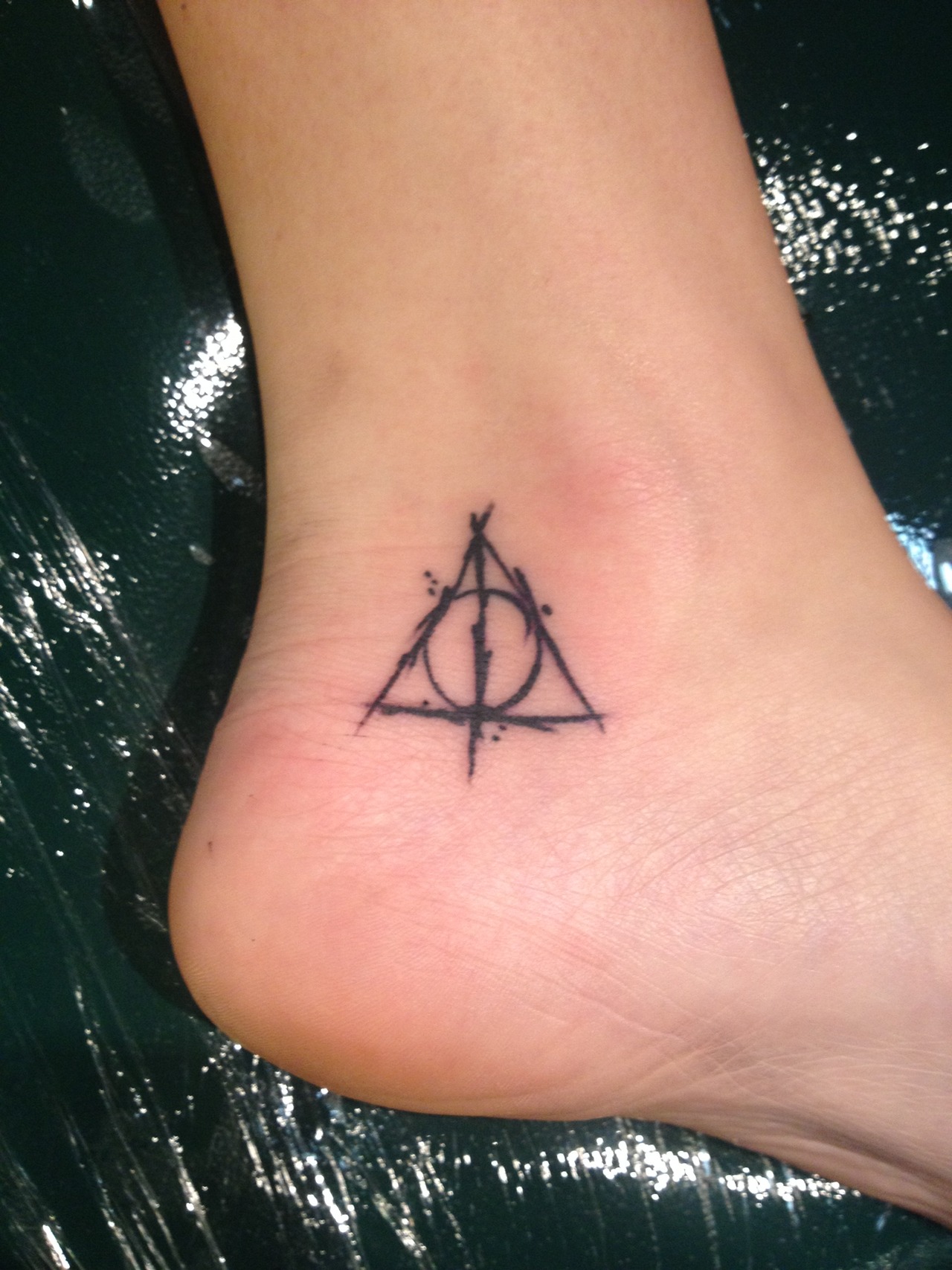 Black Harry Potter Deathly Hallows Symbol Tattoo On Ankle