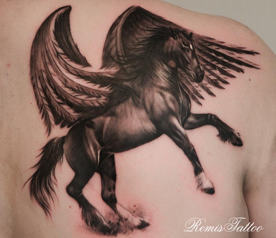 Black Ink 3D Horse With Wings Tattoo On Right Upper Back By Remis