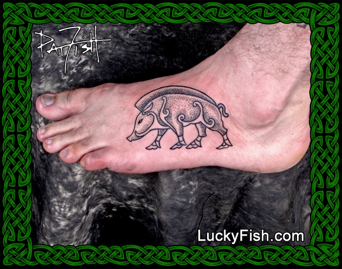 Black Ink Celtic Boar Tattoo On Foot By Pat Fish