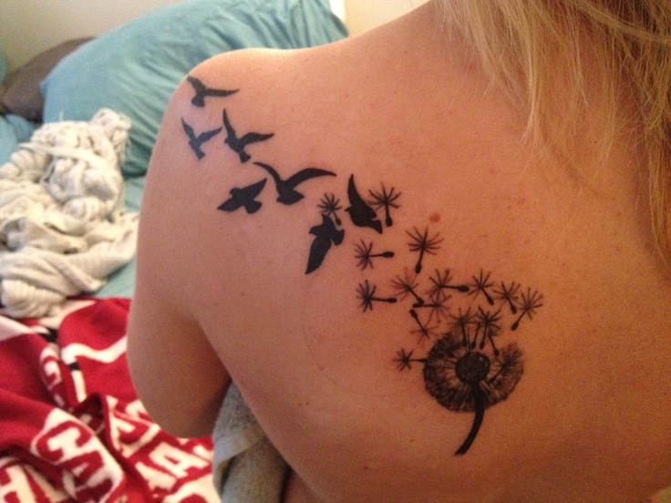 Black Ink Dandelion With Flying Seagulls Tattoo On Left Back Shoulder