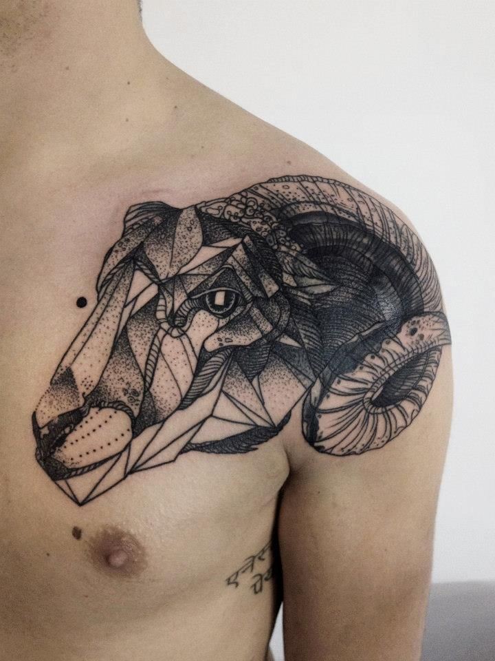 Black Ink Geometric Sheep Head Tattoo On Man Left Front Shoulder