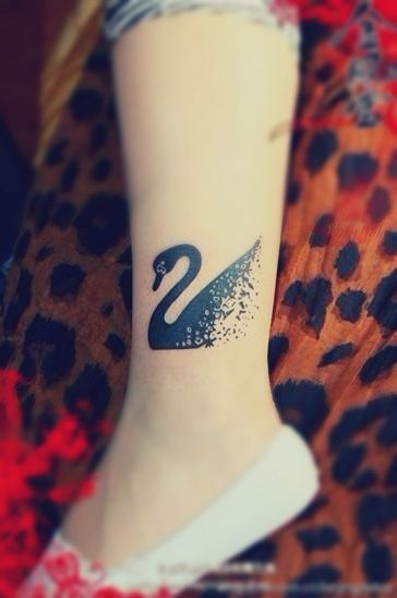 Black Ink Swan Tattoo On Leg
