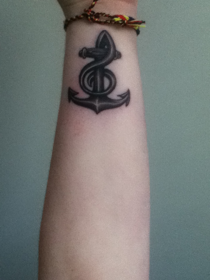 Black Ink Treble Clef Anchor Tattoo On Wrist By Shaquille Wilson