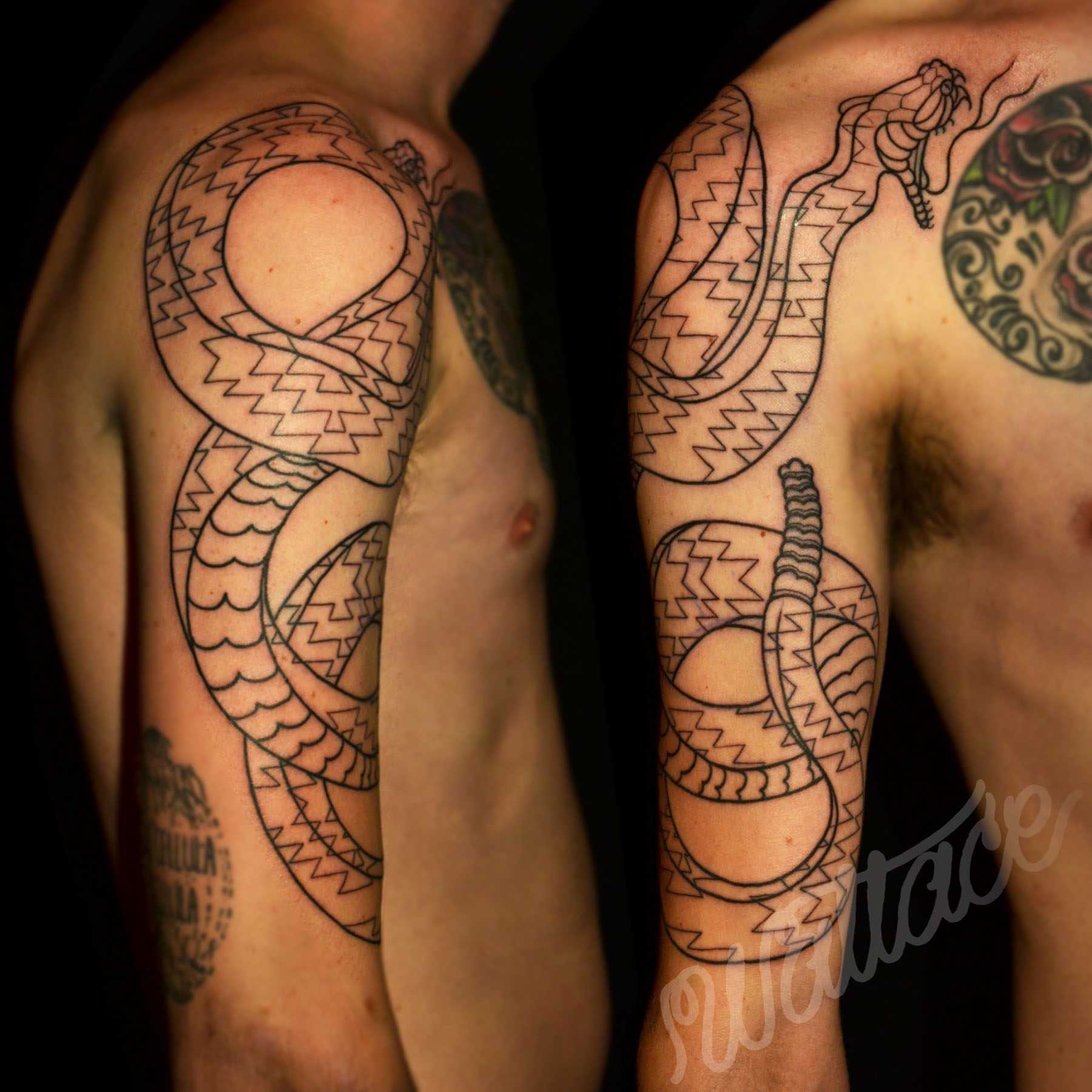 Black Outline Rattlesnake Tattoo On Man Right Half Sleeve