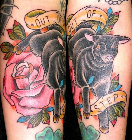 Black Sheep With Rose And Banner Tattoo Design By George Keclík