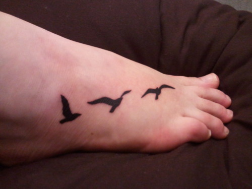 Black Three Flying Seagulls Tattoo On Foot