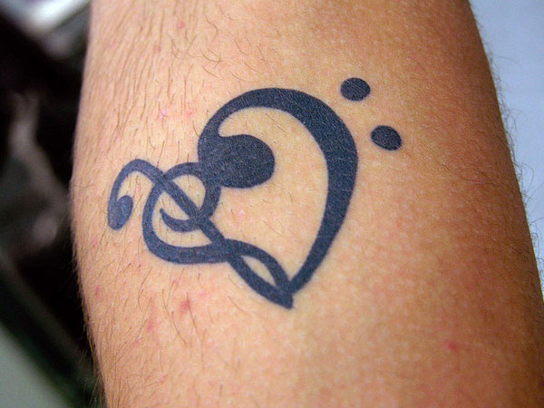 Black Treble Clef Heart Tattoo Design For Leg