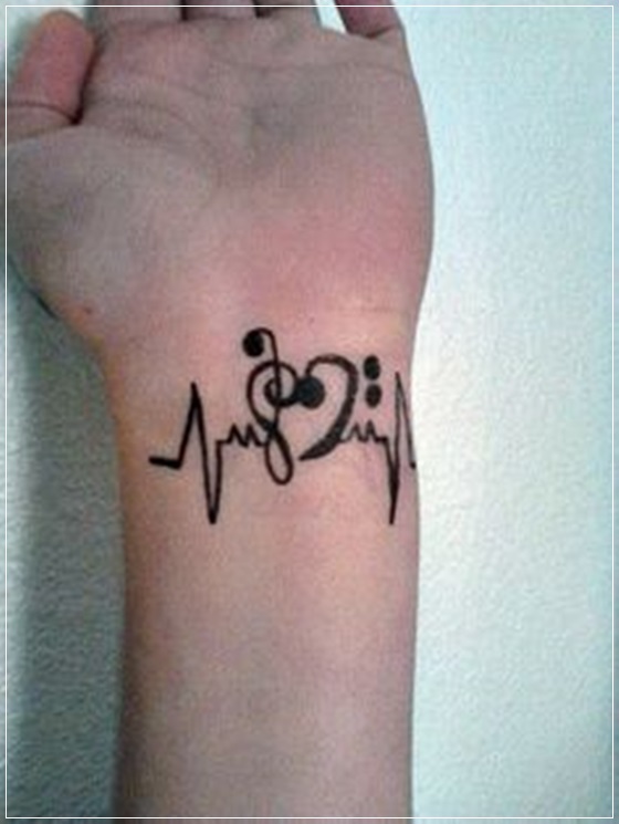 Black Treble Clef Heart With Heartbeat Tattoo On Wrist