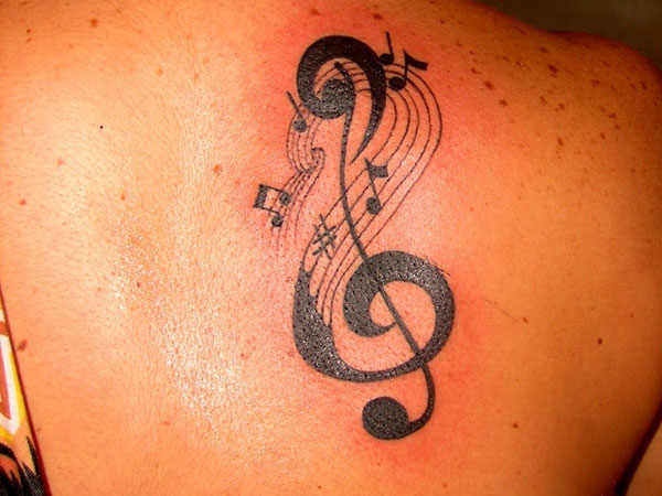 Black Treble Clef With Music Knots Tattoo On Right Back Shoulder