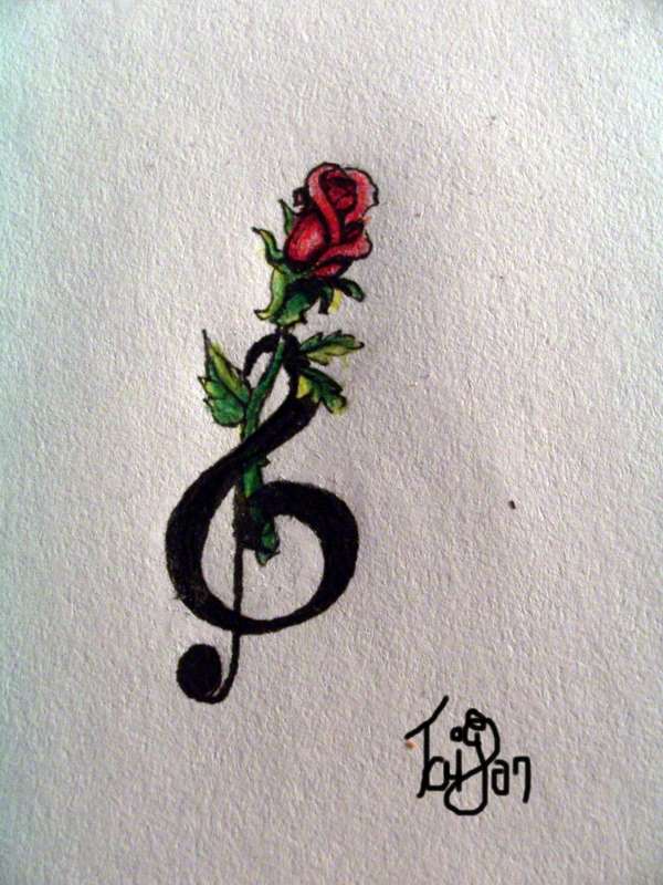 Black Treble Clef With Red Rose Tattoo Design By Nonnyarie