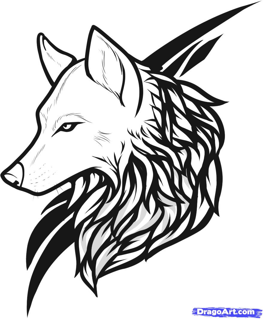 Black Tribal And Outline Wolf Head Tattoo Design