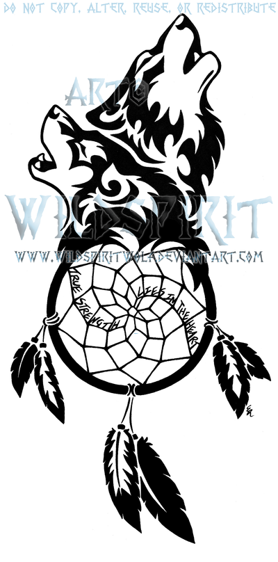 Black Tribal Dreamcatcher Wolf Head Tattoo Design