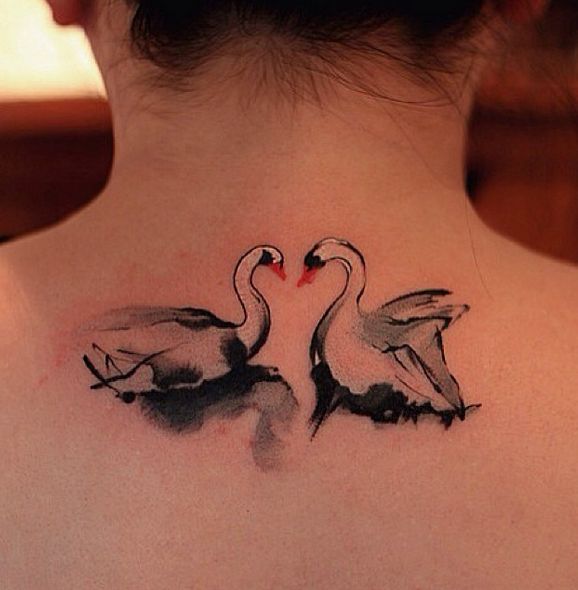 Black Watercolor Two Swan Tattoo On Upper Back By Chen Jie