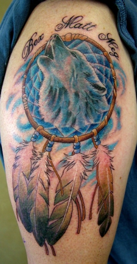 Blue Ink Wolf Head Dremcatcher Tattoo On Arm Sleeve