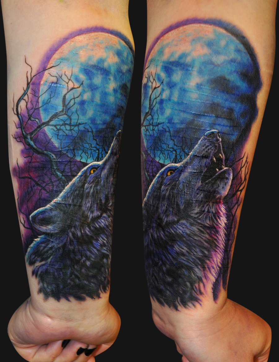 Blue Moon And Howling Wolf Tattoo On Forearm