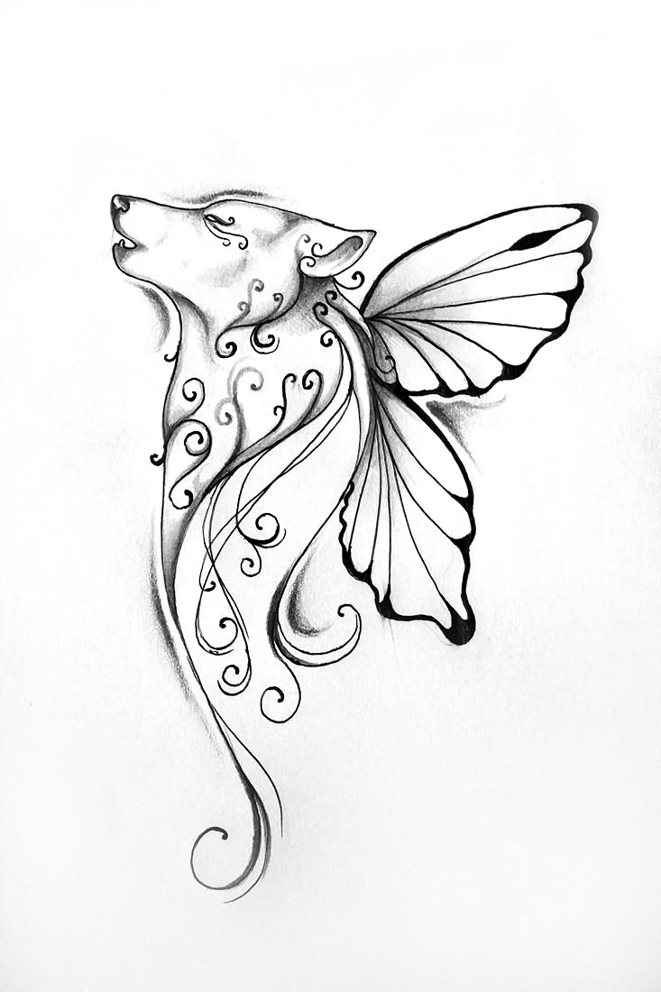 Butterfly Winged Wolf Head Tattoo Design