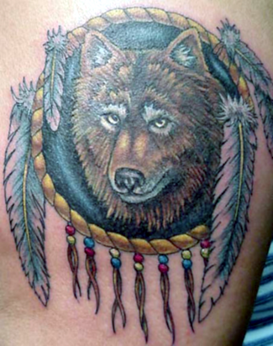 Color Ink Wolf Head Dreamcatcher Tattoo Idea