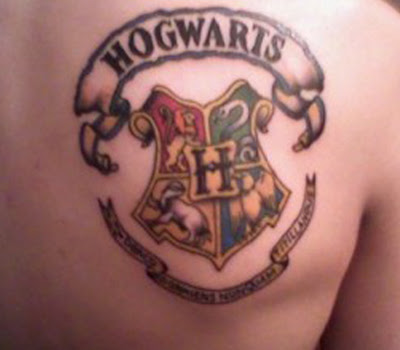 Colorful Harry Potter Hogwarts Logo Tattoo Right Back Shoulder
