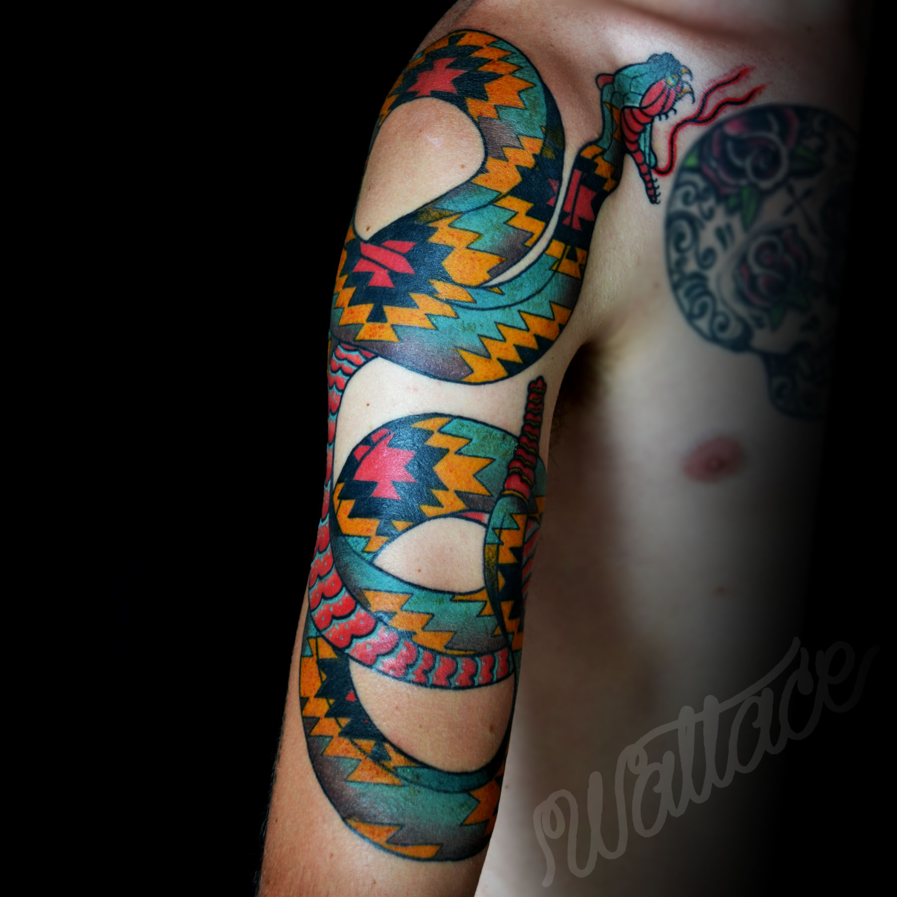 Colorful Rattlesnake Tattoo On Man Right Half Sleeve