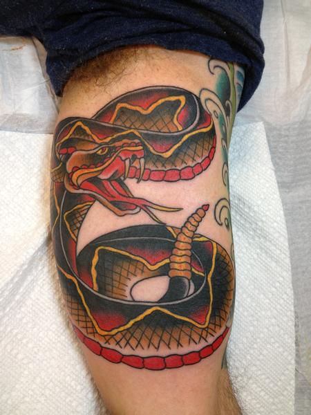Colorful Traditional Rattlesnake Tattoo On Bicep