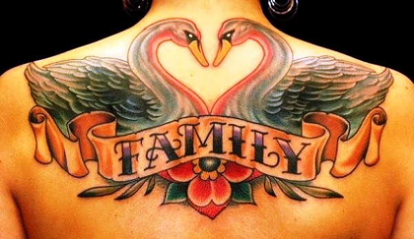 Colorful Two Swan With Banner Tattoo On Upper Back