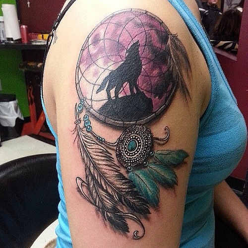 Cool Dreamcatcher Tattoo On Girl Right Shoulder