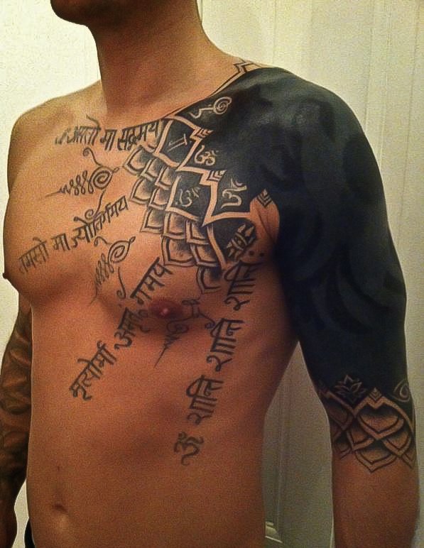 Dark Black Ink Tribal Tattoo On Chest And Sleeve For Men