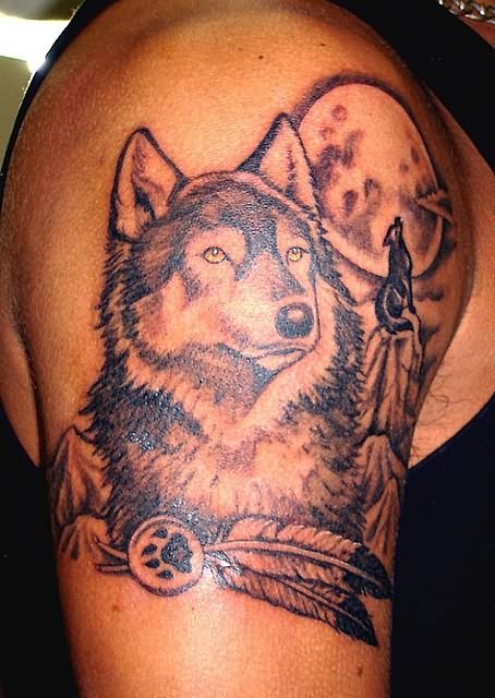 Dreamcatcher And Wolf Armband Tattoo On Bicep
