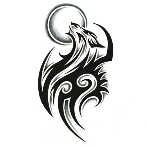 Full Moon And Howling Tribal Wolf Tattoo Design