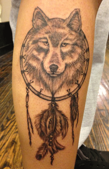 Grey Ink Dreamcatcher Tattoo On Leg