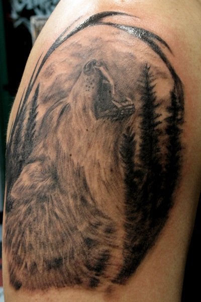 Grey Ink Howling  Wolf Tattoo On Shoulder by BenZoArt