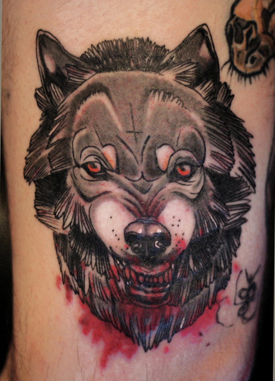 Grey Ink Traditional Wolf Tattoo