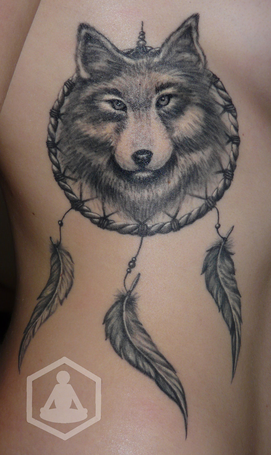 Grey Ink Wolf Tattoo On Rib Cage