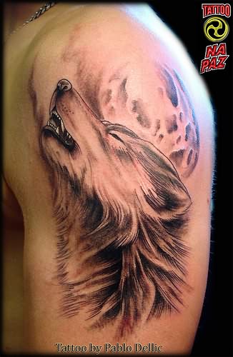 Grey Wolf Head Tattoo On Left Shoulder