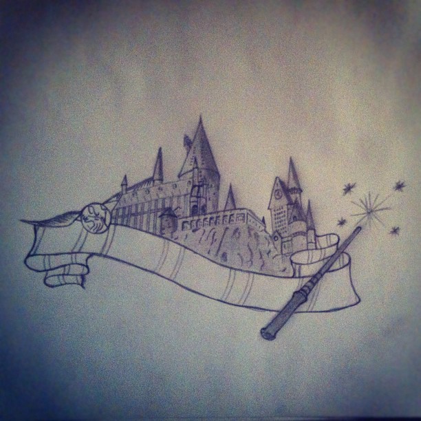 Harry Potter Hogwarts With Ribbon Tattoo Design