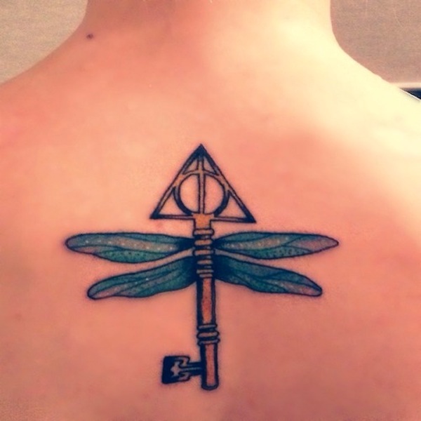 Harry Potter Key Dragonfly Tattoo On Upper Back