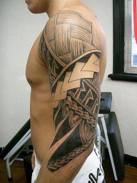 Hawaiian Tribal Tattoo On Man Left Full Sleeve