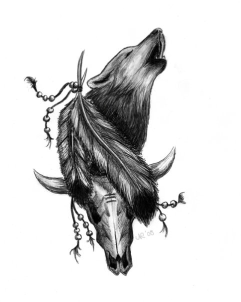 Native Feathers And Howling Wolf Head Tattoo