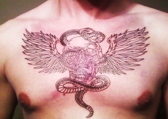 Rattlesnake With Wings Tattoo On Man Chest By Carl