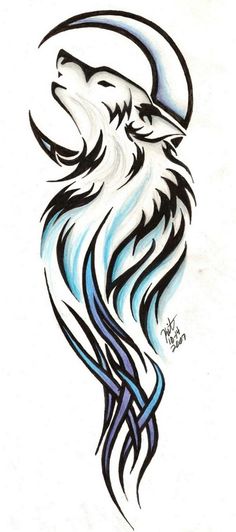 Simple Moon And Wolf Head Tattoo Design