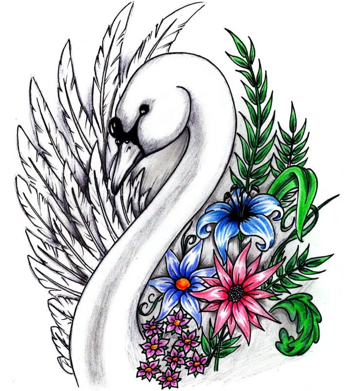 Swan With Colorful Flowers Tattoo Design By Mike