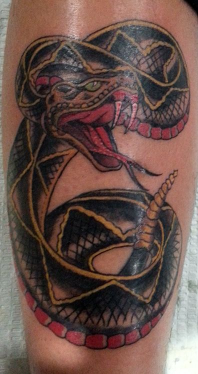 Traditional Rattlesnake Tattoo Design For Thigh